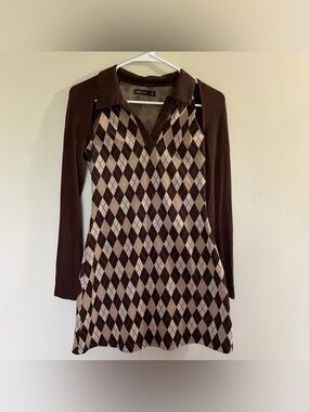 Argyle Polo Sweater Dress with cold shoulder sleeves